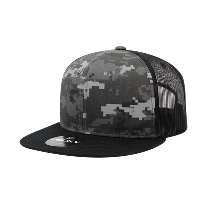 Decky 1055 Camo Flat Bill Trucker Hat, Camouflage 6 Panel Trucker Cap - Blank