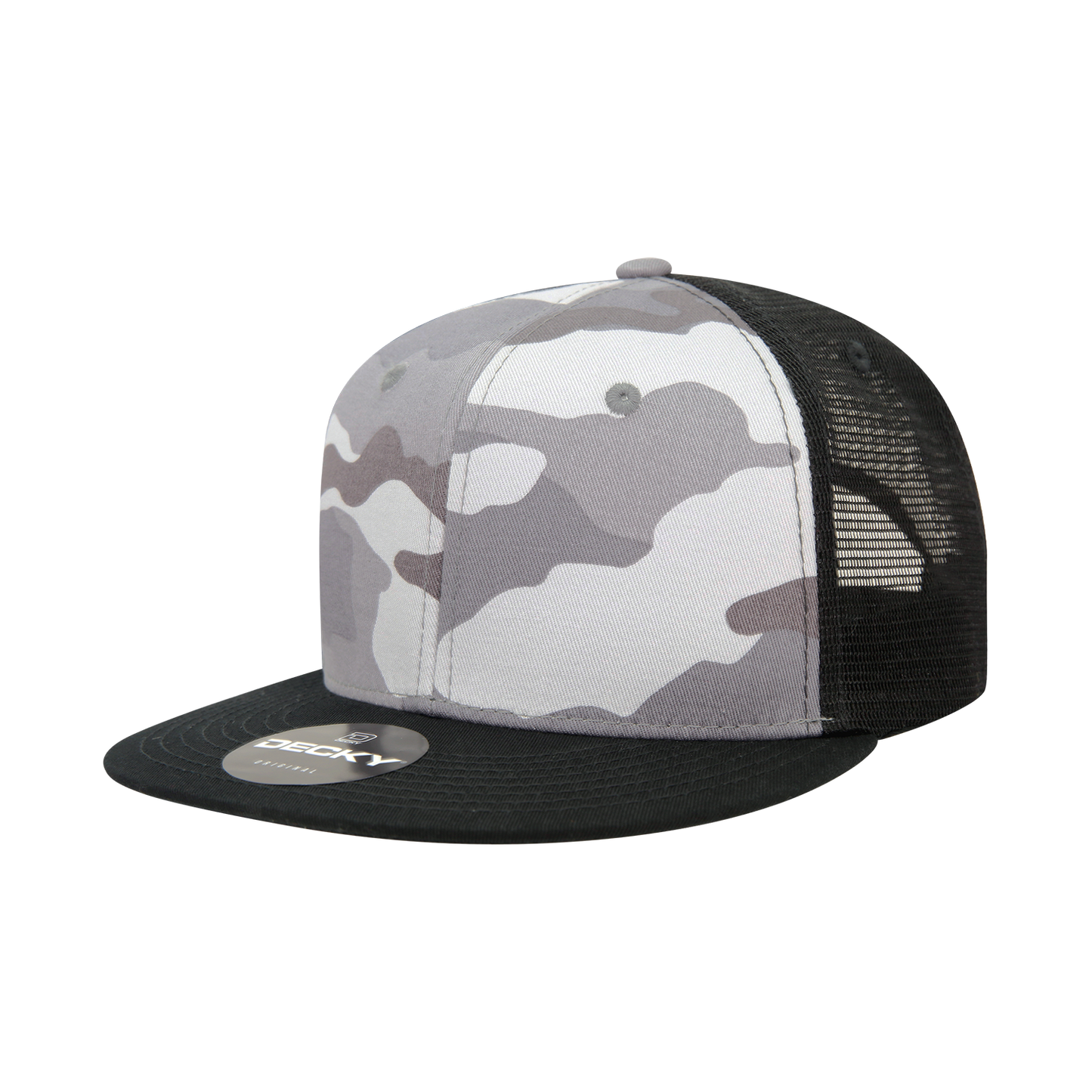 Decky 1055 Camo Flat Bill Trucker Hat, Camouflage 6 Panel Trucker Cap - Blank