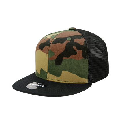 Decky 1055 Camo Flat Bill Trucker Hat, Camouflage 6 Panel Trucker Cap - Blank