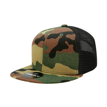 Decky 1055 Camo Flat Bill Trucker Hat, Camouflage 6 Panel Trucker Cap - Blank