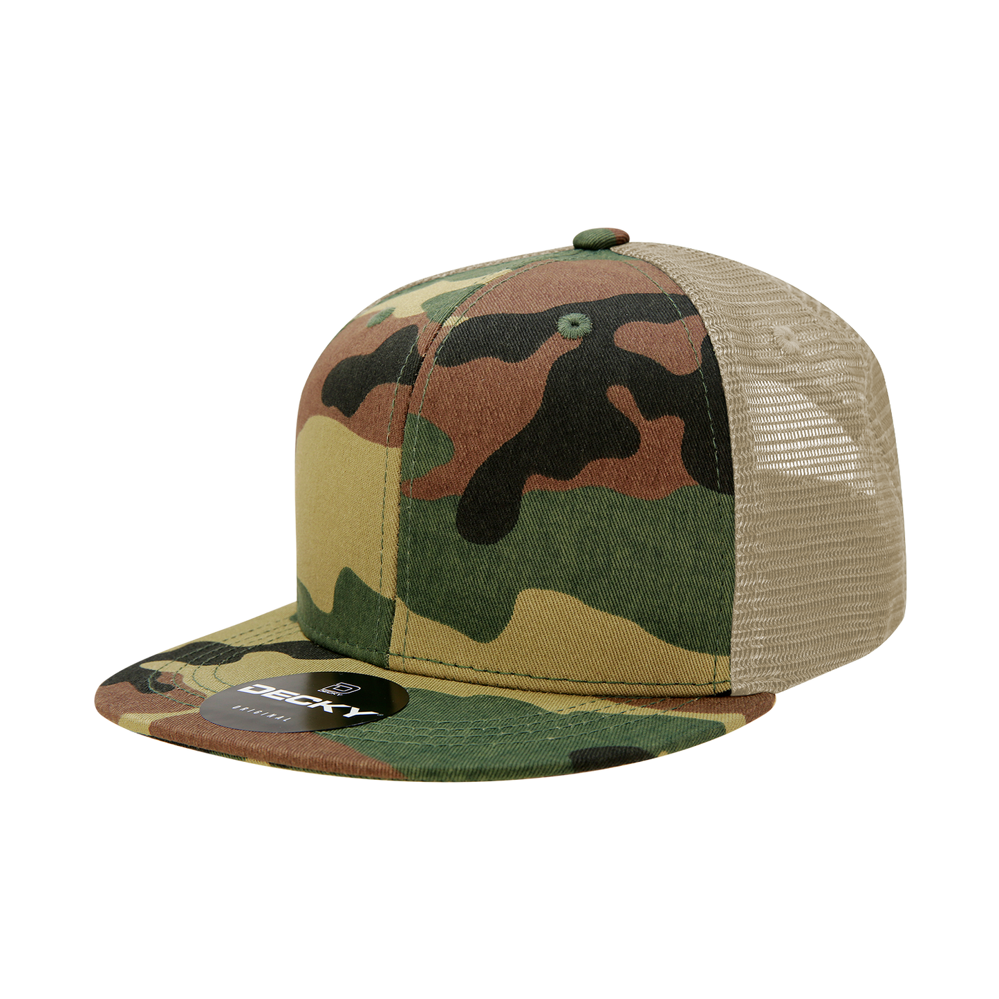 Decky 1055 Camo Flat Bill Trucker Hat, Camouflage 6 Panel Trucker Cap - Blank