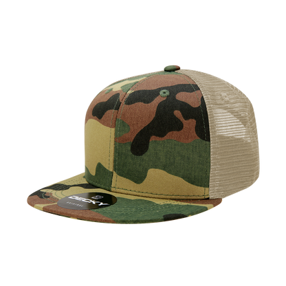 Decky 1055 Camo Flat Bill Trucker Hat, Camouflage 6 Panel Trucker Cap - Blank