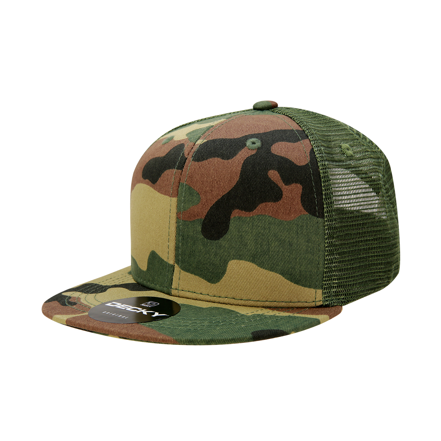 Decky 1055 Camo Flat Bill Trucker Hat, Camouflage 6 Panel Trucker Cap - Blank