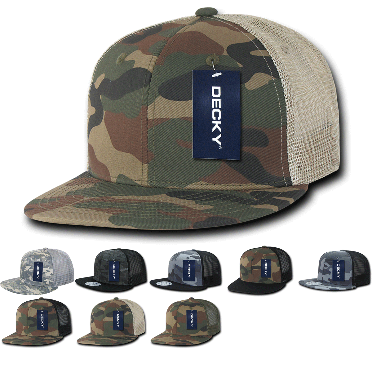 Decky 1055 Camo Flat Bill Trucker Hat, Camouflage 6 Panel Trucker Cap - Blank