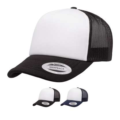 Custom Embroidered Yupoong 6320W Curved Foam Trucker Hat, White Front