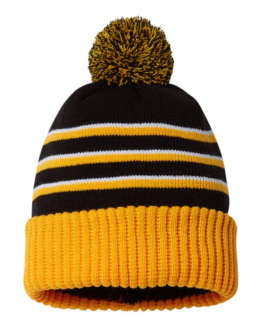 Custom Patch Richardson 134 Striped Knit Beanie with Cuff & Pom
