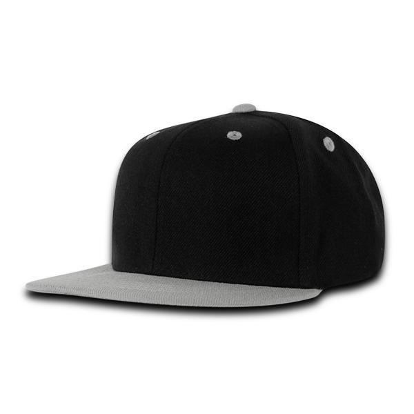 Wholesale Bulk Blank Kids' Youth Flat Bill Snapback Hats - Decky 7011 - Black/Grey