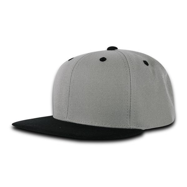 Wholesale Bulk Blank Kids' Youth Flat Bill Snapback Hats - Decky 7011 - Grey/Black